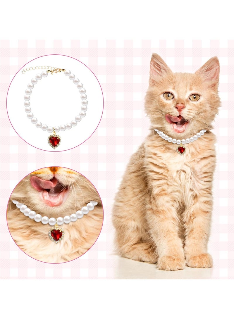 SUNSAR 2 Pcs Pearl Cat Necklace Cat Collar with Rhinestone Heart Pet Jewelry Accessories Birthday Wedding Collar for Cats Puppy Dress Accessories - Image 4