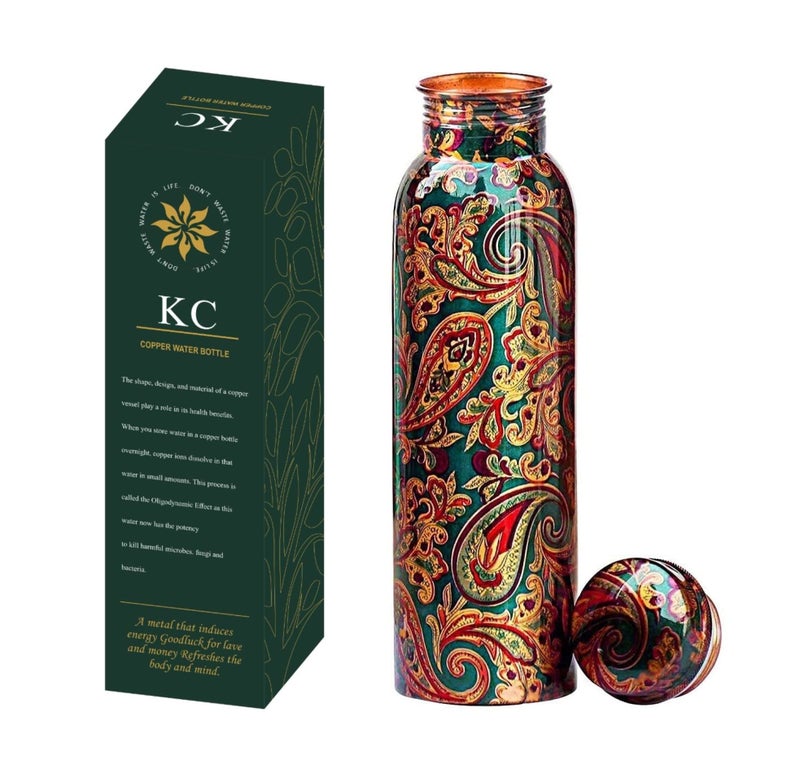 KC Pure Copper Designer Water Bottle with Leak Proof Protection, Ayurveda and Yoga Health Benefits (1000ml, 1Unit) With Lacqure Coating - Image 1