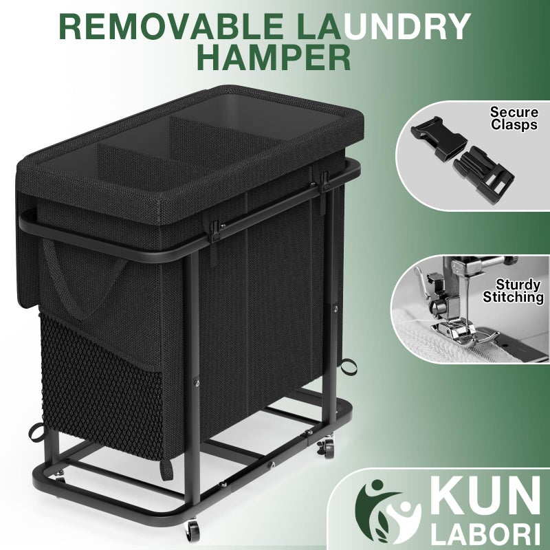 kunlabori 60 Gal(230L) High Grade Large Laundry Basket with Wheels, Rolling Laundry Hamper, Laundry Cart with Metal Frame and Removable Bag Design, Suitable for Laundry Room, Bedroom (Black, 3 Section 230L) - Image 5
