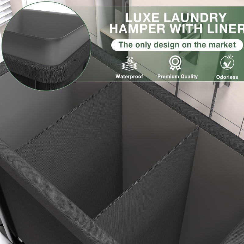 kunlabori 60 Gal(230L) High Grade Large Laundry Basket with Wheels, Rolling Laundry Hamper, Laundry Cart with Metal Frame and Removable Bag Design, Suitable for Laundry Room, Bedroom (Black, 3 Section 230L) - Image 3