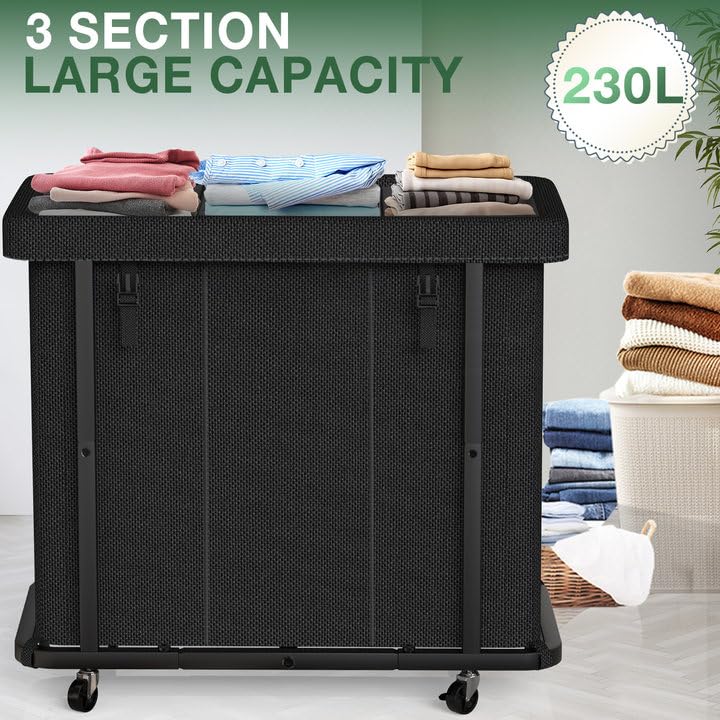 kunlabori 60 Gal(230L) High Grade Large Laundry Basket with Wheels, Rolling Laundry Hamper, Laundry Cart with Metal Frame and Removable Bag Design, Suitable for Laundry Room, Bedroom (Black, 3 Section 230L) - Image 2