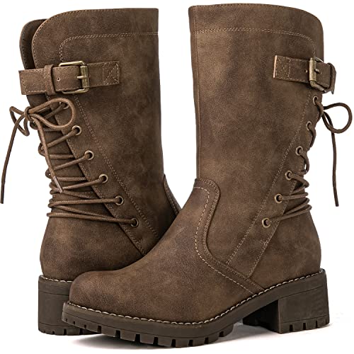 GLOBALWIN Womens Biker Boots Lace up Back Mid Calf Motorcycle Fashion Festival Boots Combat Riding Military Boots for Women Camel Size 85 - Image 1