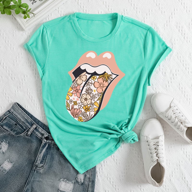 2025 Foreign Trade Womens Independent Station Temu Clothing Cross-border E-commerce ebay Amazon Lickitone Printed Polyester Ammonia T-shirt Green 