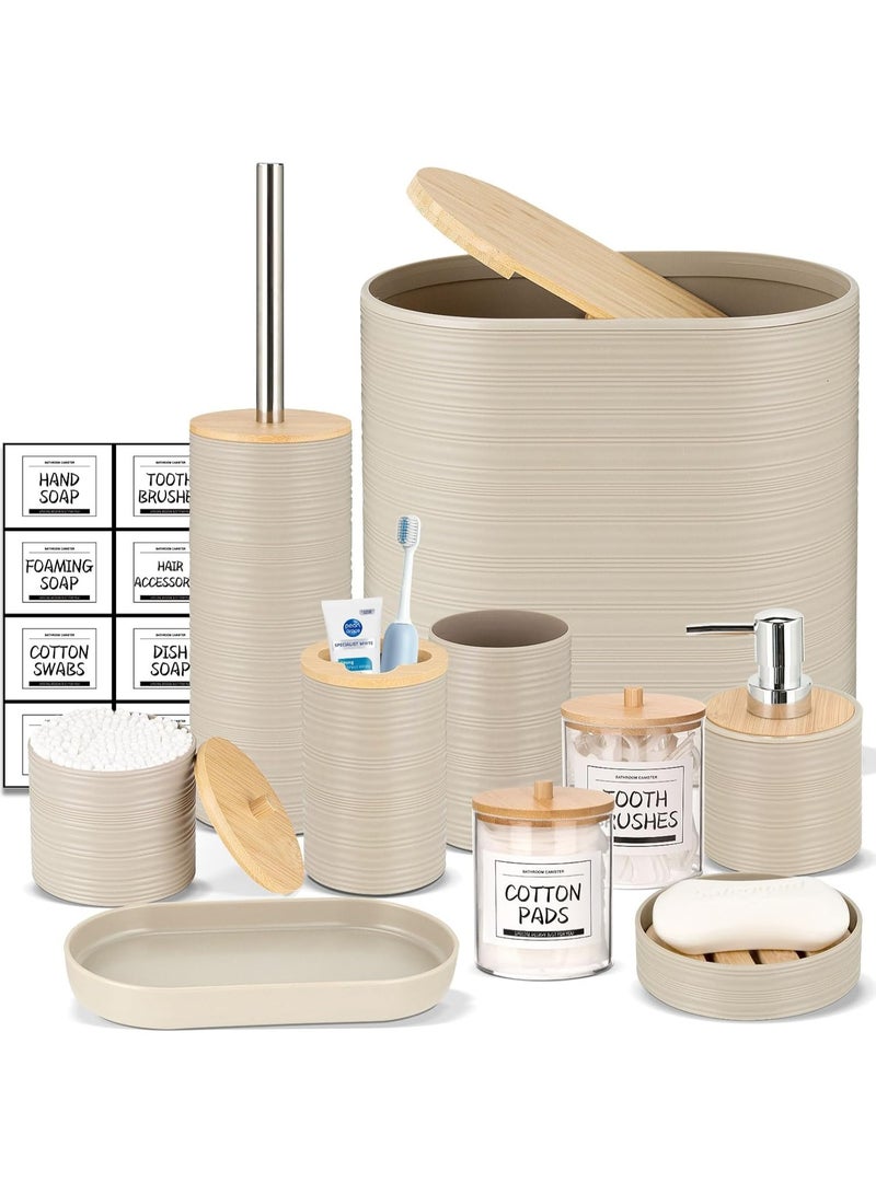 10 Piece Beige Bamboo Plastic Bathroom Accessories Set - Image 1