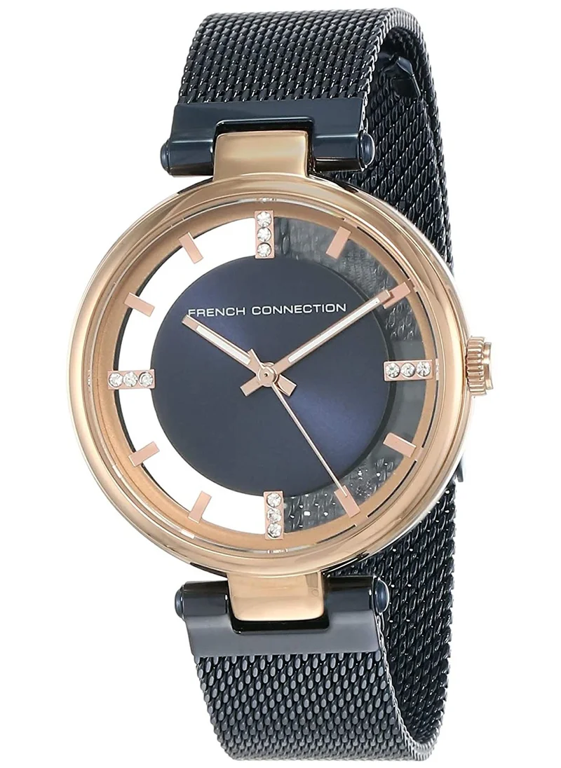فرنش كونكشن 34mm Quartz Women's Watch with Blue Dial & Stainless Steel Mesh Bracelet