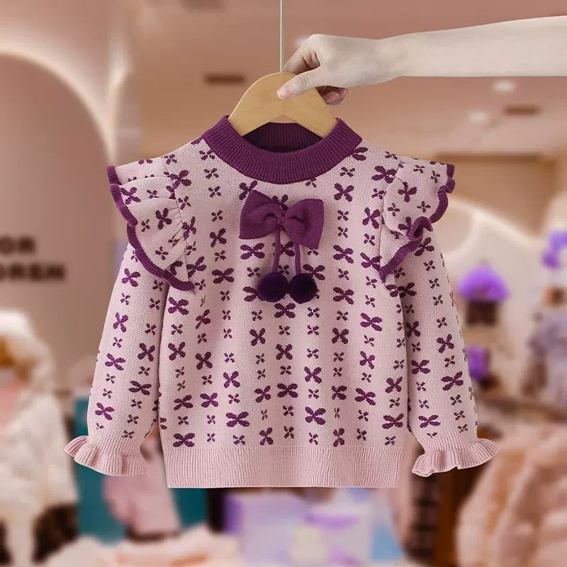 Girls knitted sweater suit autumn and winter New knitwear childrens clothing Western style baby girls flared pants two-piece suit fashion Purple - Image 4