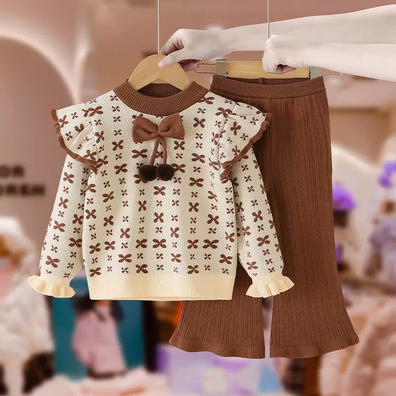 Girls knitted sweater suit autumn and winter New knitwear childrens clothing Western style baby girls flared pants two-piece suit fashion Purple - Image 2