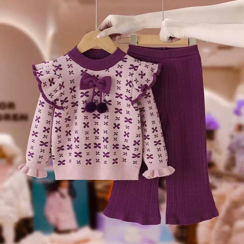 Girls knitted sweater suit autumn and winter New knitwear childrens clothing Western style baby girls flared pants two-piece suit fashion Purple - Image 1