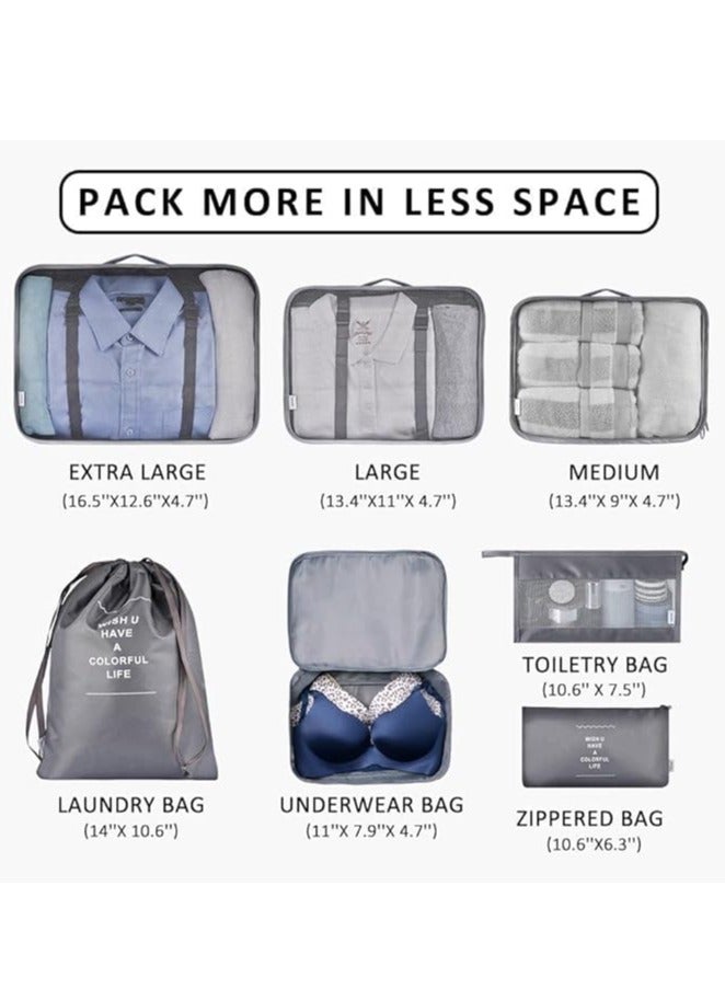 DUNISO 7Pcs SET Travel Luggage Organizer Packing Cubes Set, Foldable Travel Packing Kit Waterproof Laundry Bag, Lightweight Travel Organizer Bag for Clothes Shoes Storage - Grey - Image 3