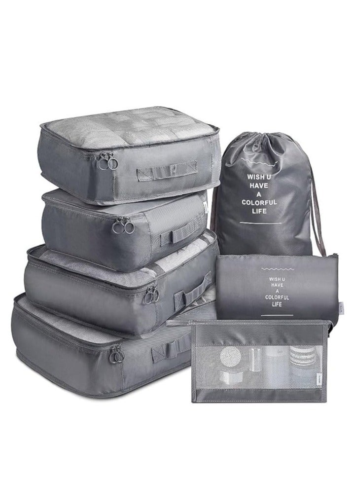 DUNISO 7Pcs SET Travel Luggage Organizer Packing Cubes Set, Foldable Travel Packing Kit Waterproof Laundry Bag, Lightweight Travel Organizer Bag for Clothes Shoes Storage - Grey - Image 2
