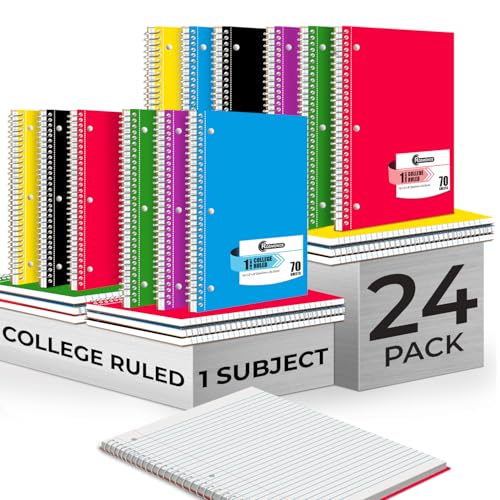 Rosmonde Spiral Notebook, 24 Pack, 1 Subject, College Ruled, 70 Sheets, 8 x 10-1/2", 3 Hole Punched, Bulk College Ruled Notebooks for School, Single Subject Spiral Notebook Bulk, Assorted Colors - Image 1