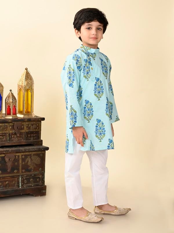 superminis Boys Cotton Full Sleeves Side Open Sanganeri Printed Kurta With Pyjama Set (4-5 Years, Blue) - Image 5