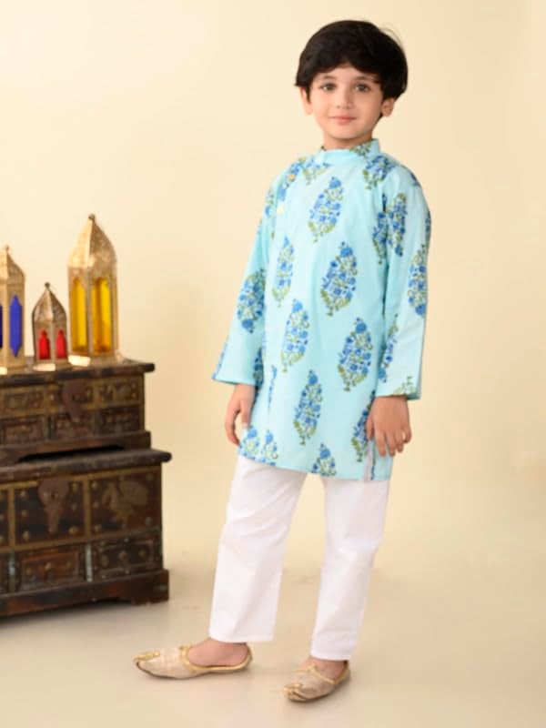 superminis Boys Cotton Full Sleeves Side Open Sanganeri Printed Kurta With Pyjama Set (4-5 Years, Blue) - Image 4