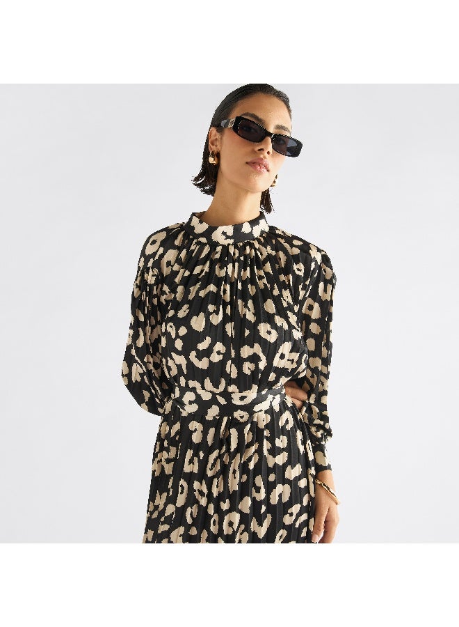 سبلاش فيڤ فستان ميدي بياقة عالية وأكمام طويلة وطبعات حيوانات - Image 4