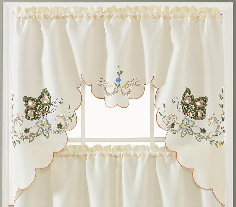 GOHD Golden Ocean Home Decor GOHD Dancing Butterfly 3pcs MultiColor Embroidery Cafe Curtain SetSwag  Tiers Set with cutworks Window Treatment Set for Small Windows SAGE Green