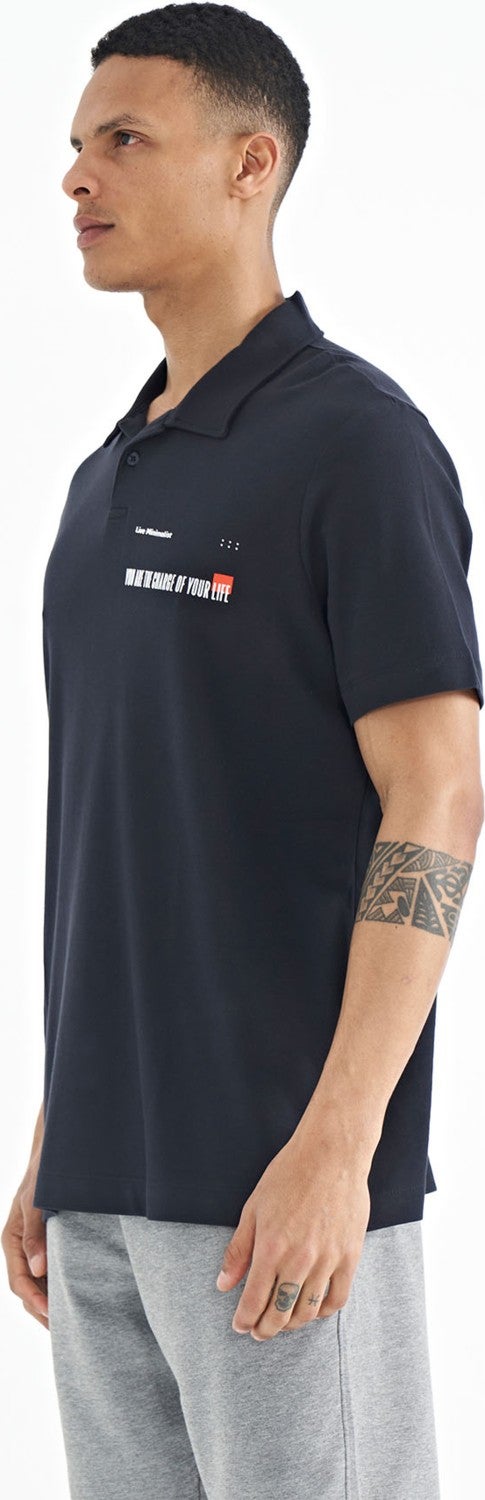 Tommy Life Navy Blue Text Printed Standard Form Polo Collar Men's T-Shirt - 88236  - Image 4