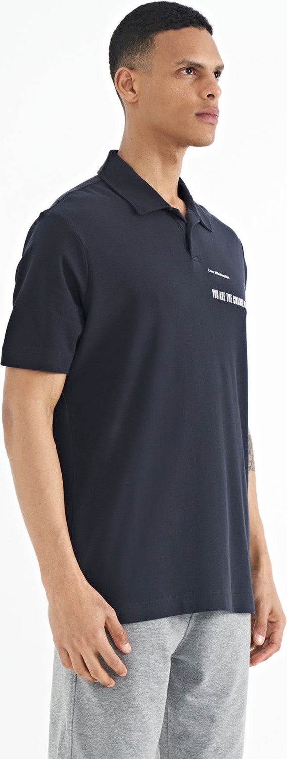 Tommy Life Navy Blue Text Printed Standard Form Polo Collar Men's T-Shirt - 88236  - Image 3