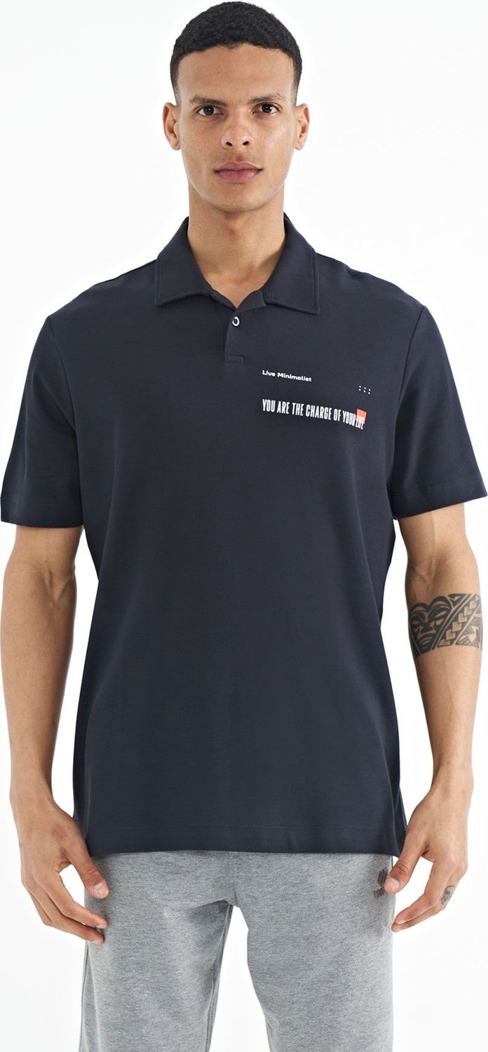 Tommy Life Navy Blue Text Printed Standard Form Polo Collar Men's T-Shirt - 88236  - Image 1
