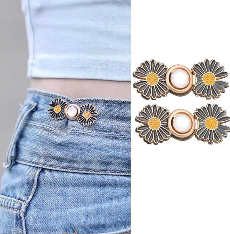 DRUCILA Set of 2 Adjustable Waist Buckle for Loose Jeans Pants, Detachable Instant Jeans Button Pins Waist Tightener Set, Make The Waist Fit for Skirt Pants Robe, No Sewing Required. (Black Flower) - Image 1