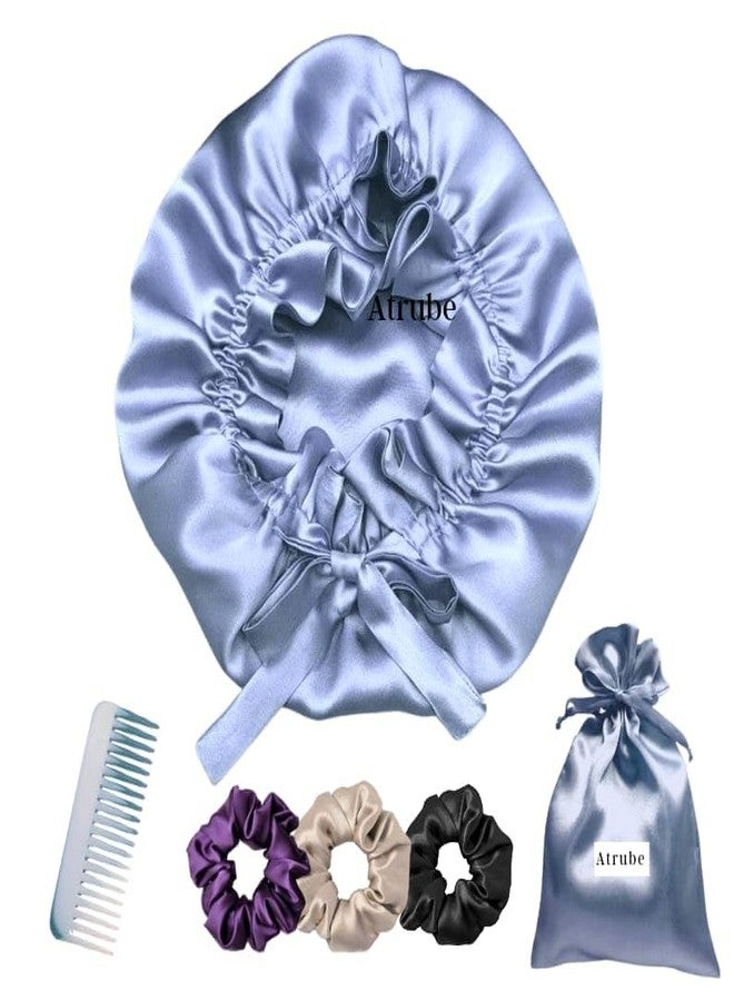 Atrube Reversible Satin Silk Bonnet for Women with Adjustable Tie | Sleep Cap for Curly Hair | Hair Wrap & Night Hair Cover with 3 Premium Scrunchies (Sky Blue) - Image 1
