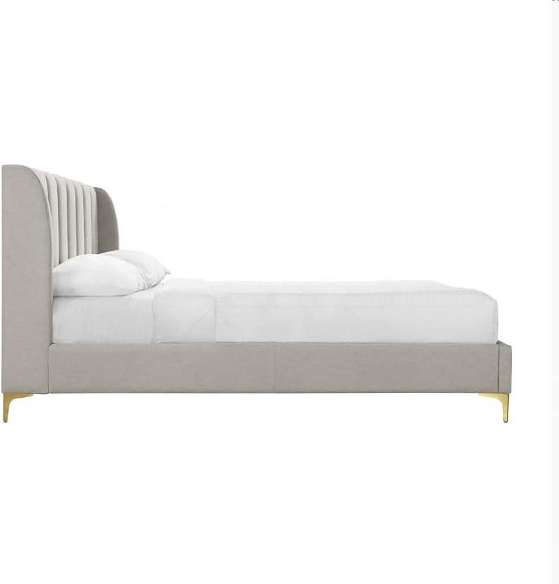 Modern Velvet Upholstered Platform Bed Frame with Vertical Channel Tufted Headboard and Golden Metal Legs - King Size (Light Grey) - Image 4