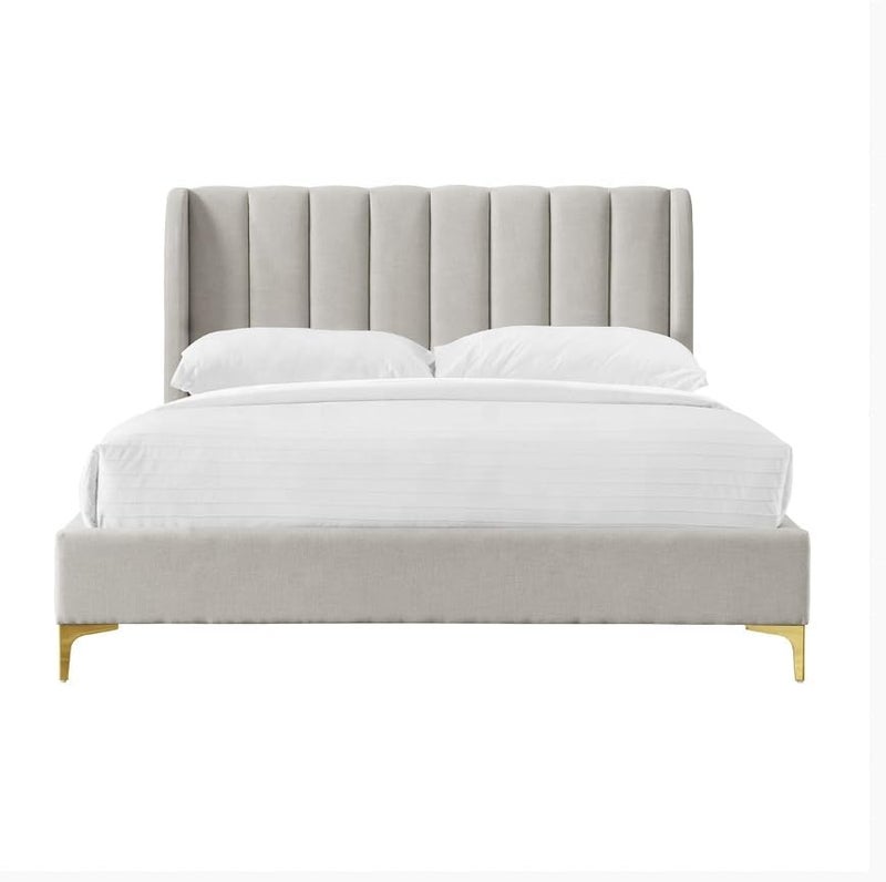 Modern Velvet Upholstered Platform Bed Frame with Vertical Channel Tufted Headboard and Golden Metal Legs - King Size (Light Grey) - Image 1