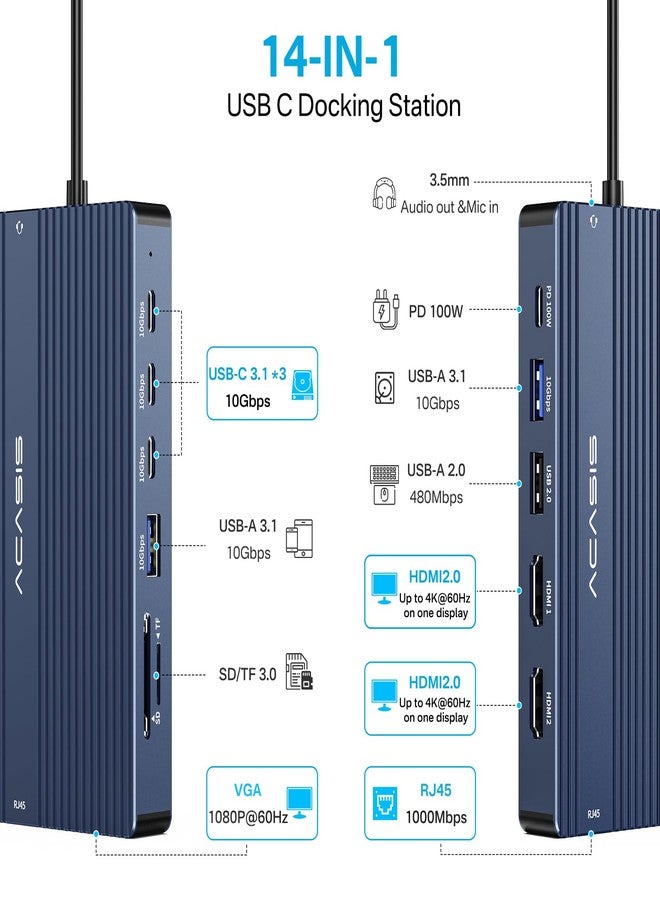 ACASIS 2 x 4K60 HDMI, 1080p VGA, Ethernet, 3 USBC 10Gbps, 100W PD, SD/TF 3.0, Audio Port for MacBook, Dell, Lenovo, SurfaceDE - Image 2