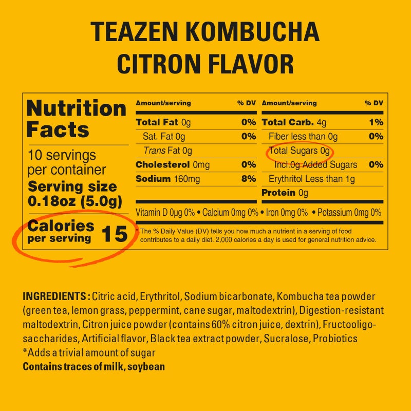 TEAZEN Citron Kombucha Tea, Hydration Drink Mix, Sugar Free, Live Probiotics & Prebiotics, 10 Sticks, 1.76oz - Image 5