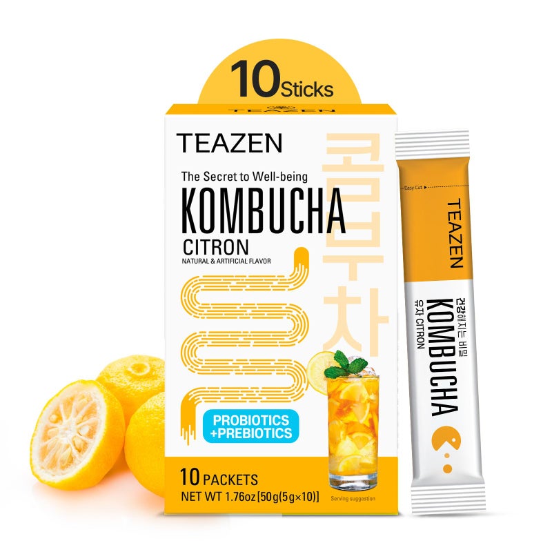 TEAZEN Citron Kombucha Tea, Hydration Drink Mix, Sugar Free, Live Probiotics & Prebiotics, 10 Sticks, 1.76oz - Image 1