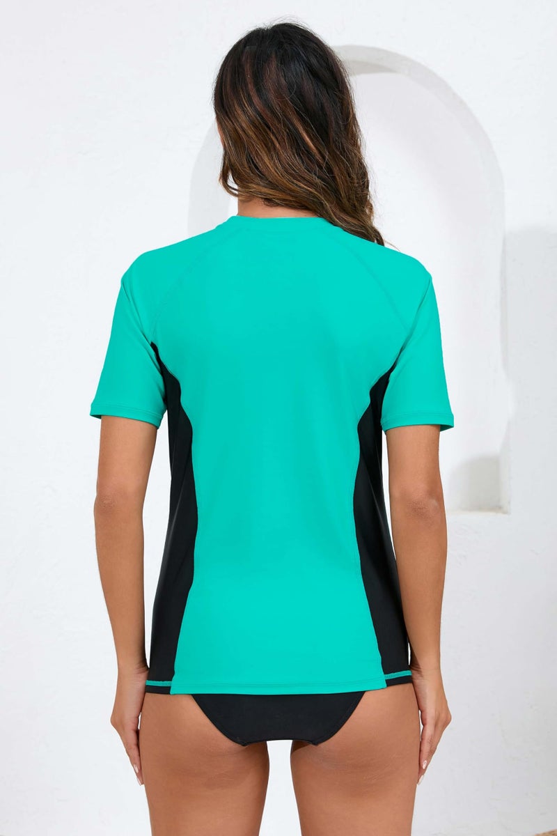 Halcurt Women's Short Sleeve Rash Guard Swimsuit Top with Built in Bra Swim Shirt UPF50+ Quick Dry Bathing Suit Turquoise Black M - Image 2