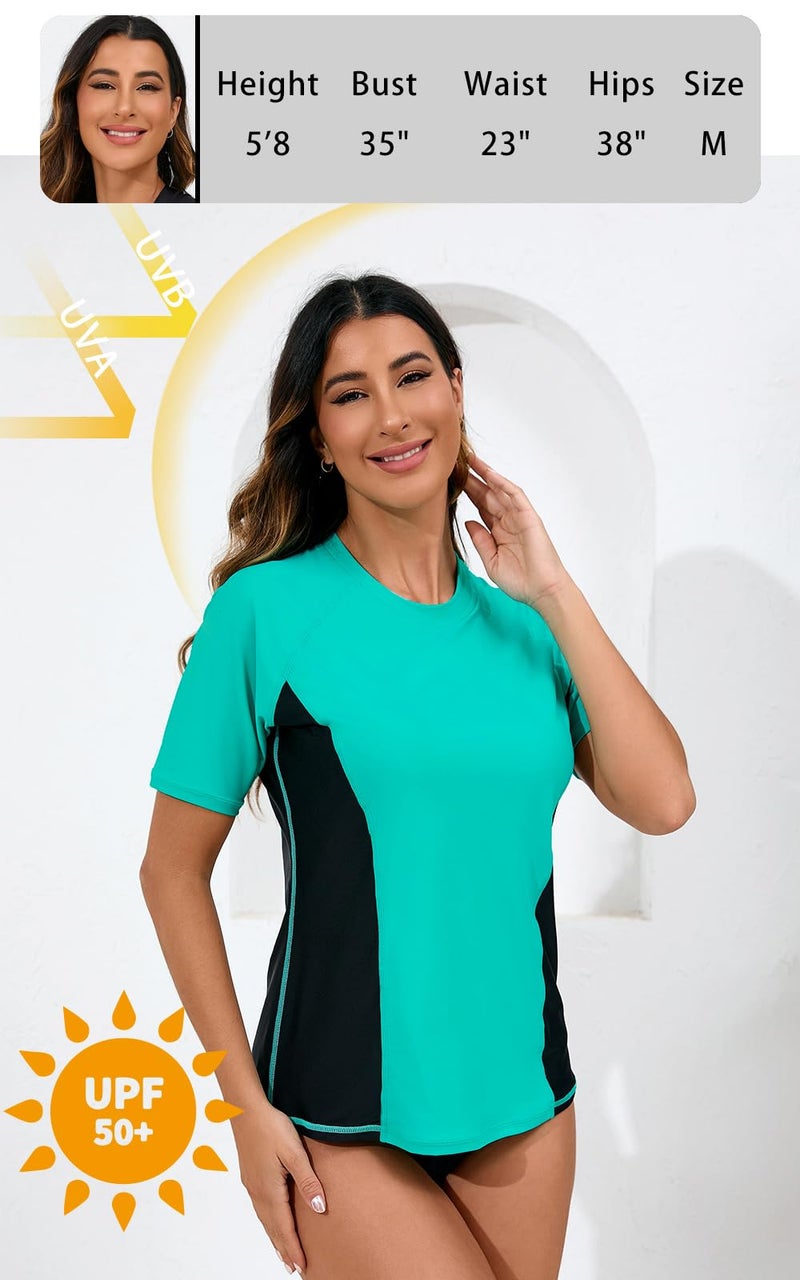 Halcurt Women's Short Sleeve Rash Guard Swimsuit Top with Built in Bra Swim Shirt UPF50+ Quick Dry Bathing Suit Turquoise Black M - Image 4