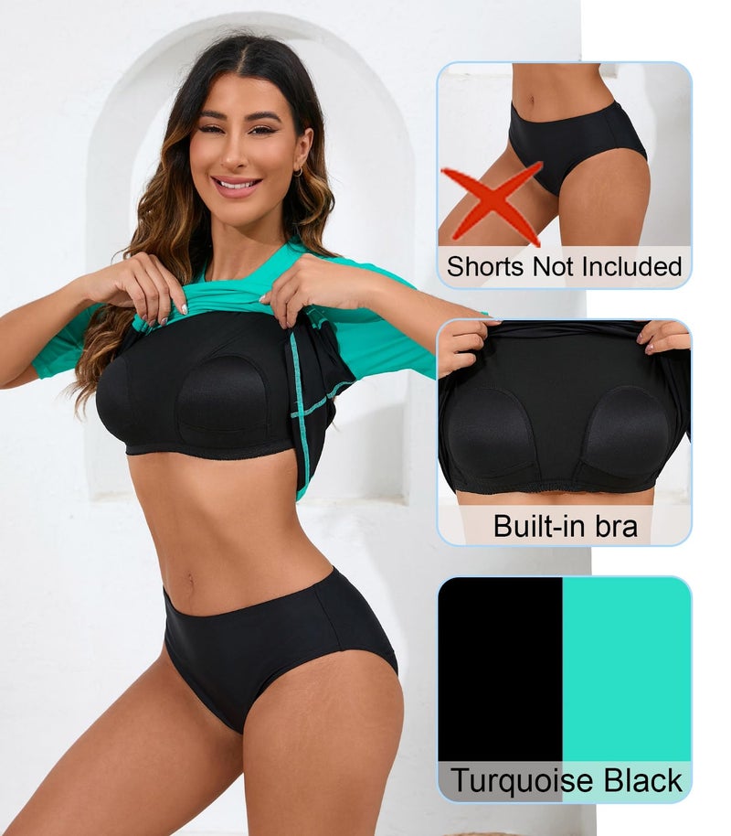 Halcurt Women's Short Sleeve Rash Guard Swimsuit Top with Built in Bra Swim Shirt UPF50+ Quick Dry Bathing Suit Turquoise Black M - Image 5
