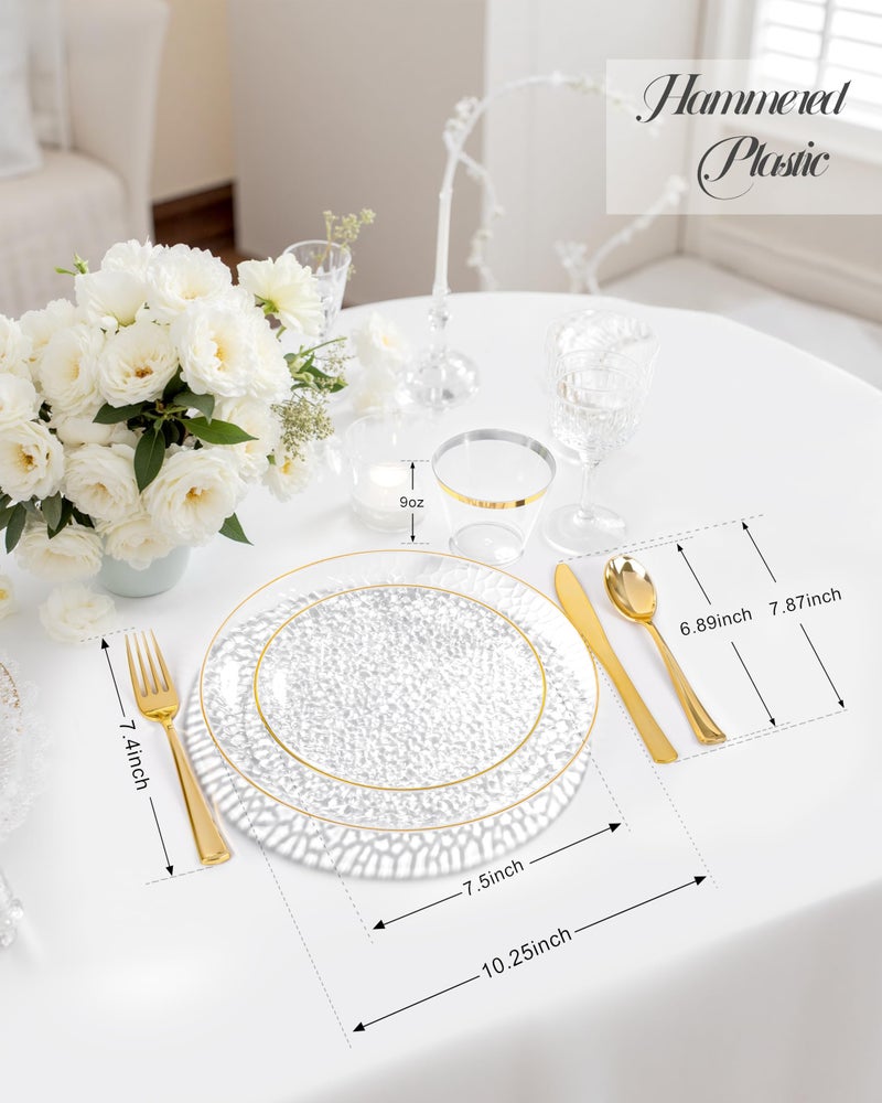 Hioasis 60pcs Clear Plastic Plates - Gold Rimmed Disposable, Hammered, Heavy-duty Dinnerware Set Suitable for 30 Guests, 10.25" Dinner & 7.5" Dessert Plates for Party & Wedding - Image 3