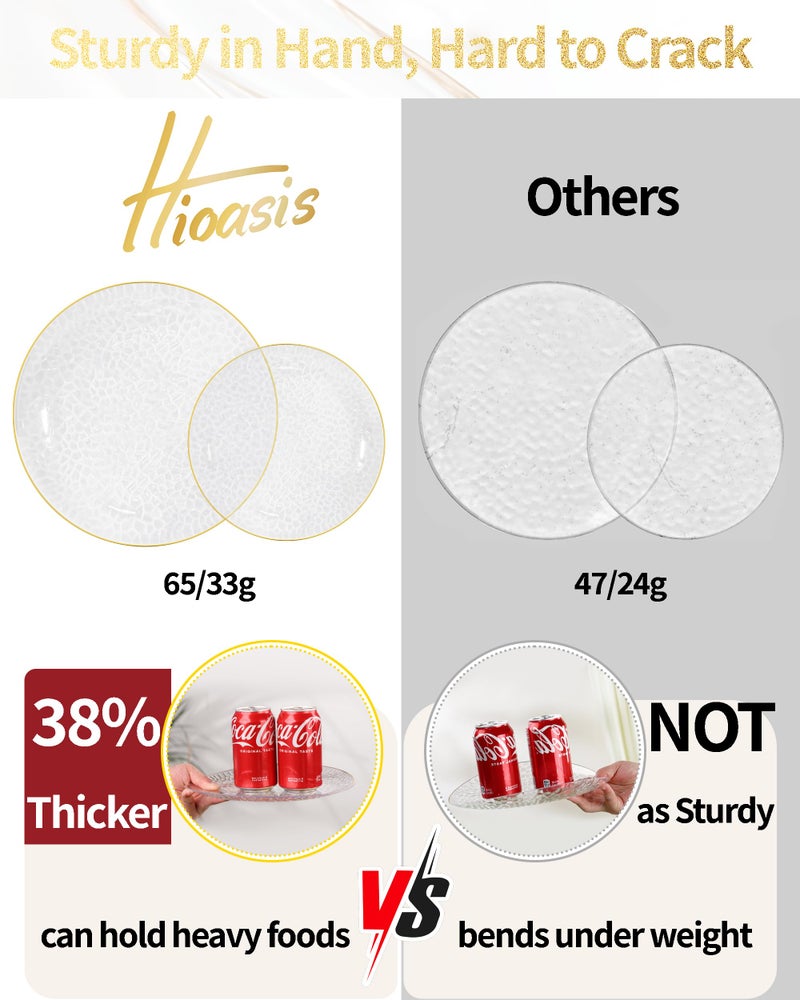 Hioasis 60pcs Clear Plastic Plates - Gold Rimmed Disposable, Hammered, Heavy-duty Dinnerware Set Suitable for 30 Guests, 10.25" Dinner & 7.5" Dessert Plates for Party & Wedding - Image 4