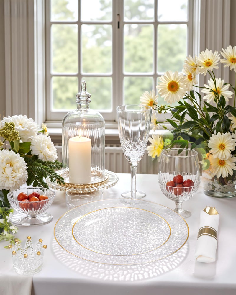 Hioasis 60pcs Clear Plastic Plates - Gold Rimmed Disposable, Hammered, Heavy-duty Dinnerware Set Suitable for 30 Guests, 10.25" Dinner & 7.5" Dessert Plates for Party & Wedding - Image 5