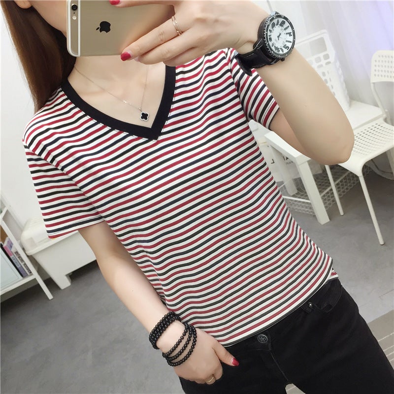 chubby girl plus size Loose Cotton Short-sleeved T-shirt Womens Summer Korean-style Half-sleeved T-shirt Belly Hide Flesh Top Clothes Color stripe V-neck 199
