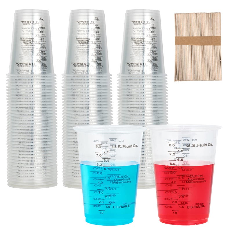 Lilymicky 100 PACK Plastic Measuring Cups, 10 oz Disposable Mixing Cups with 100 Wooden Mixing Sticks, Can Be Used for Epoxy Resin, Liquid Measuring, Paint, Cooking and Baking - Image 1