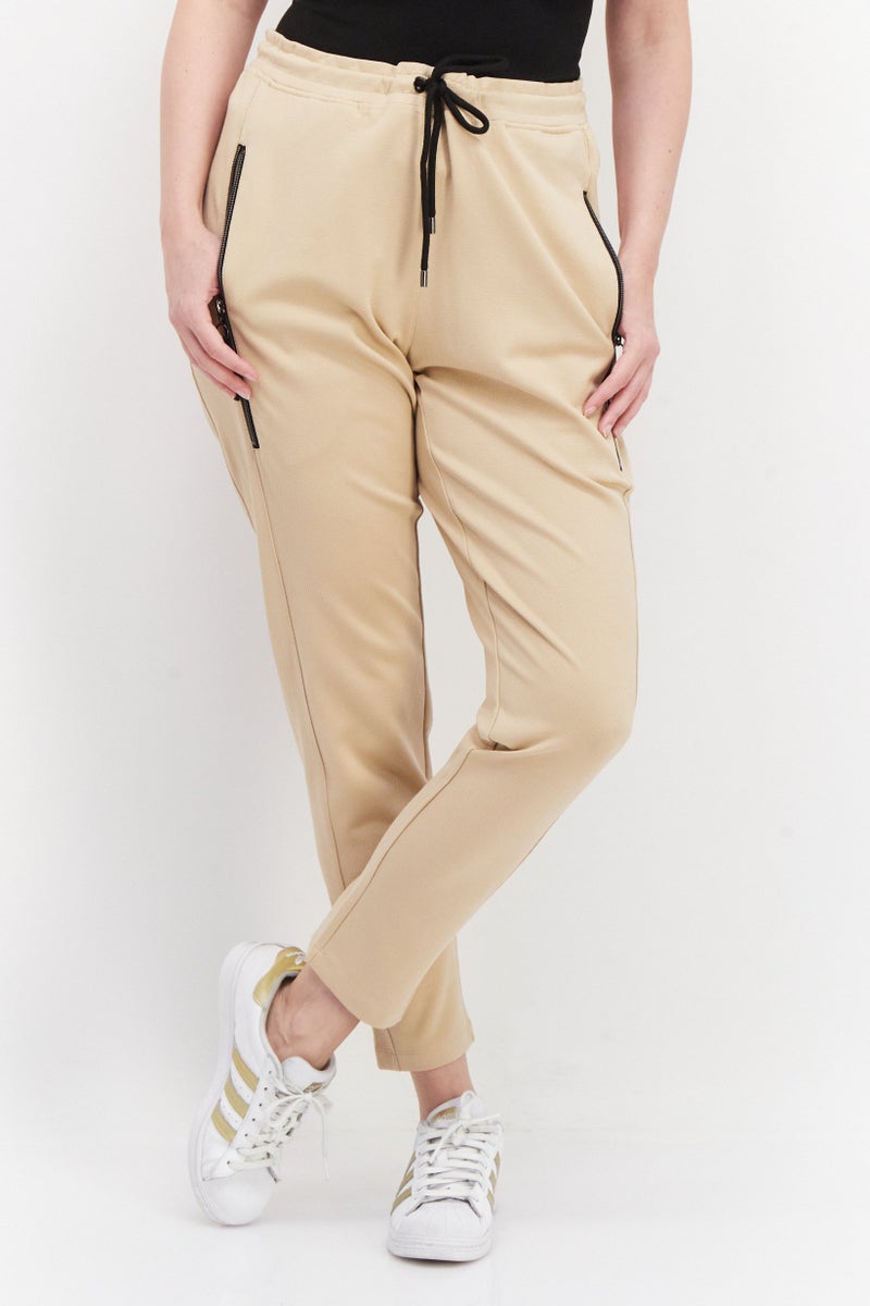 Samoon Women Drawstring Plain Sweatpants, Tan - Image 1