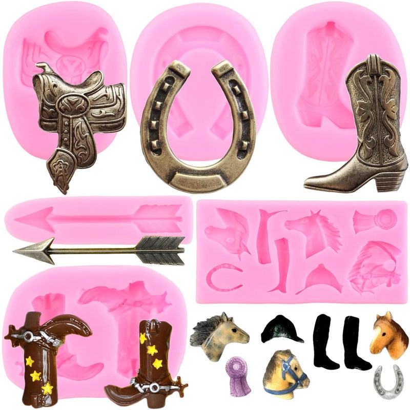 ZiXiang Horse Silicone Fondant Molds  Set of 6 Horseshoe Cowboy Boot Saddle Feather Arrow for Cake Decorating Cupcake Topper Candy Chocolate Polymer Clay Gum Paste