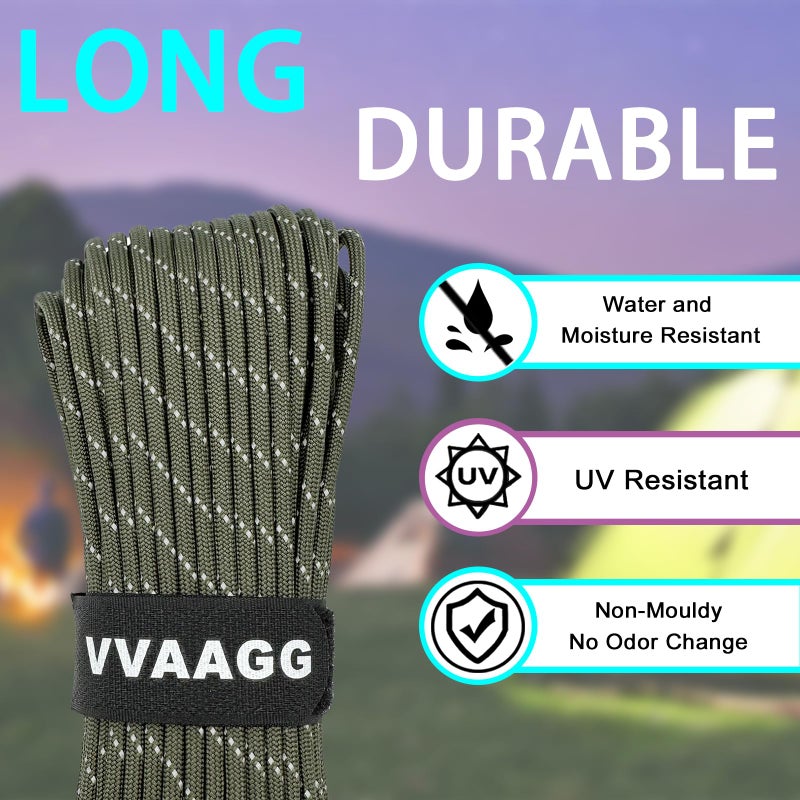 VVAAGG Reflective Paracord Rope 100FT, 7 Strand Nylon para Cord Lanyard Utility 550 Parachute Cord, 4mm Thin Tent Rope for Outdoor Camping Hiking (OD Green) - Image 2