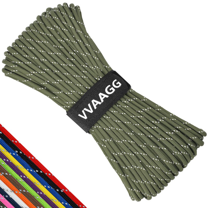 VVAAGG Reflective Paracord Rope 100FT, 7 Strand Nylon para Cord Lanyard Utility 550 Parachute Cord, 4mm Thin Tent Rope for Outdoor Camping Hiking (OD Green) - Image 1