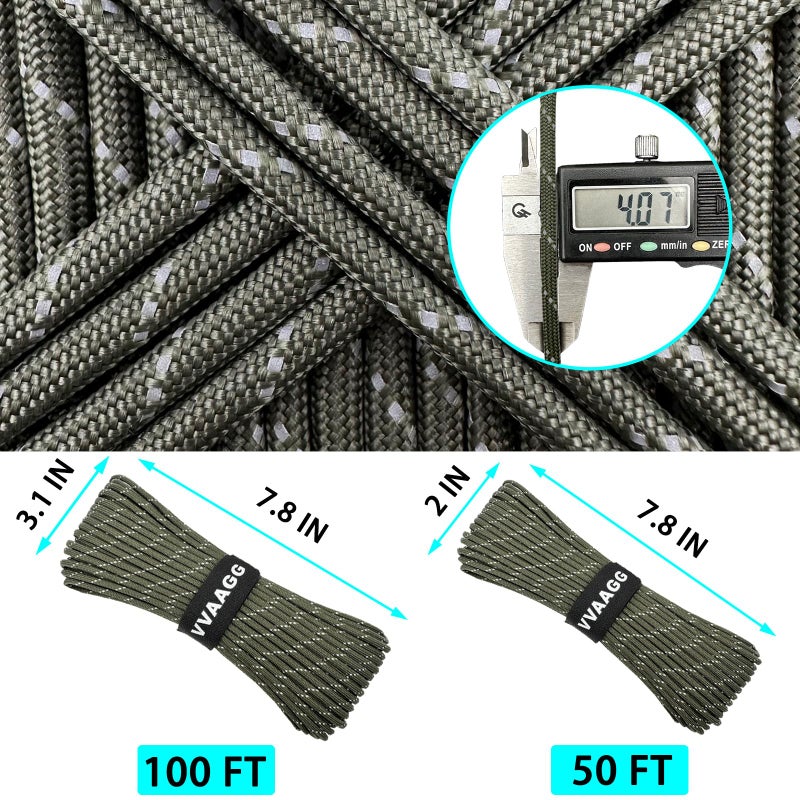 VVAAGG Reflective Paracord Rope 100FT, 7 Strand Nylon para Cord Lanyard Utility 550 Parachute Cord, 4mm Thin Tent Rope for Outdoor Camping Hiking (OD Green) - Image 4