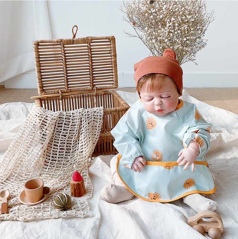 Korean Style Waterproof Baby Bib Apron Blue Lion Long Sleeve 