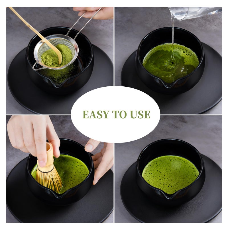 YIBO Matcha Whisk Set Black - Match Bowl with Spout and Whisk, Scoop, Sifter, Chasen Holder Measuring Spoon & Cup Kit for Matcha Tea Ceremony Tools - Image 3
