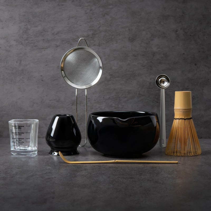 YIBO Matcha Whisk Set Black - Match Bowl with Spout and Whisk, Scoop, Sifter, Chasen Holder Measuring Spoon & Cup Kit for Matcha Tea Ceremony Tools - Image 1
