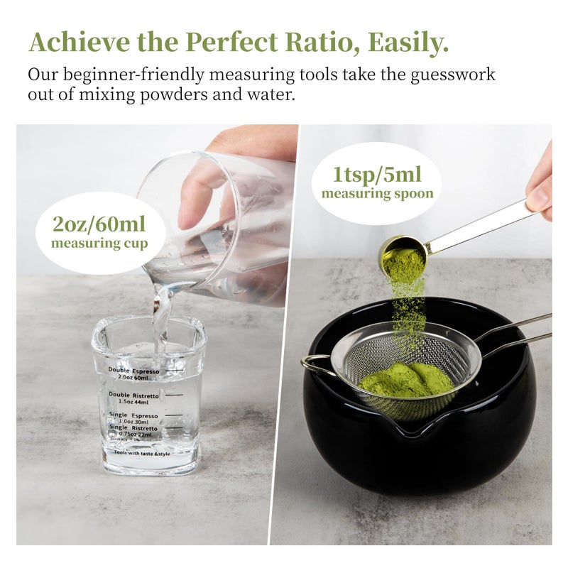 YIBO Matcha Whisk Set Black - Match Bowl with Spout and Whisk, Scoop, Sifter, Chasen Holder Measuring Spoon & Cup Kit for Matcha Tea Ceremony Tools - Image 4