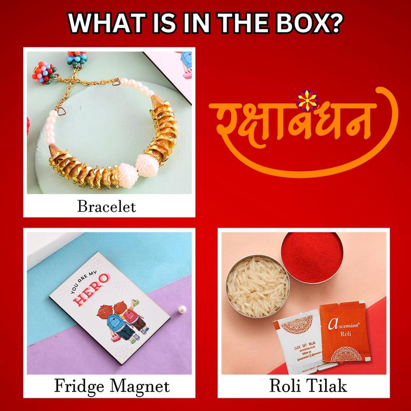 Ascension Ascension Bracelet for Bhabhi Sister Bracelet Rakhis Floral Bracelet Rakhi for Raksha Bandhan Gift with You are My Hero Fridge Magnet & Roli Tilak (Multicolor)  - Image 5
