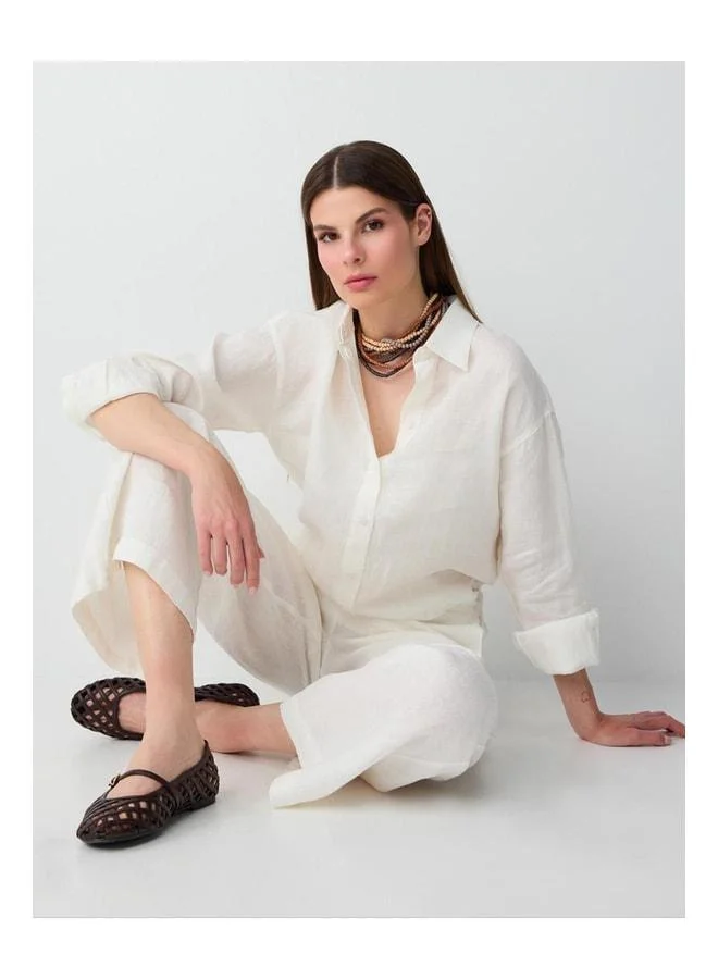 Jimmy Key White 100% Linen Wide Leg Tie-Detail High Waist Pants.