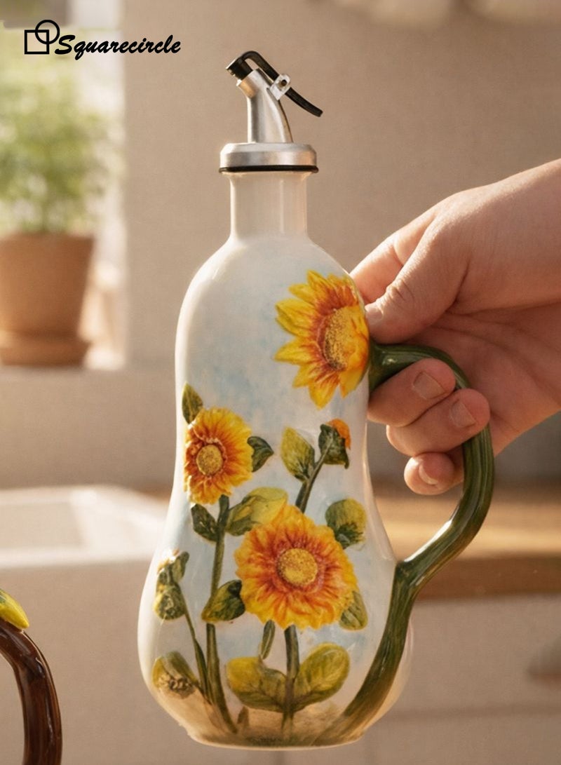 Squarecircle Sunflower Ceramic Olive Oil Dispenser Bottle – Hand Painted Oil & Vinegar Bottle with Handle, Stainless Steel Spout, Kitchen Decor - Image 1