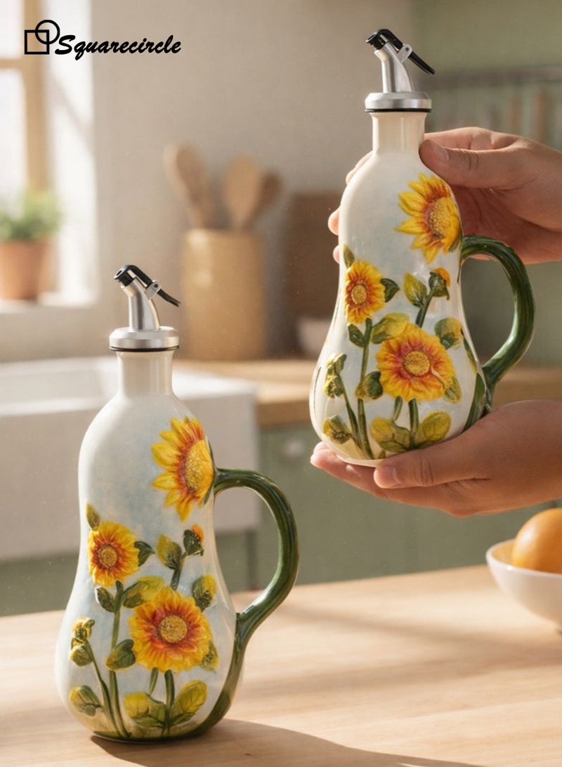 Squarecircle Sunflower Ceramic Olive Oil Dispenser Bottle – Hand Painted Oil & Vinegar Bottle with Handle, Stainless Steel Spout, Kitchen Decor - Image 3